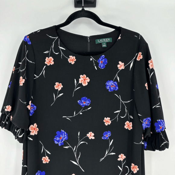 Ralph Lauren Womens 12 Jersey Dress A-Line Black Floral Round Neck Short Sleeve - Picture 2 of 8